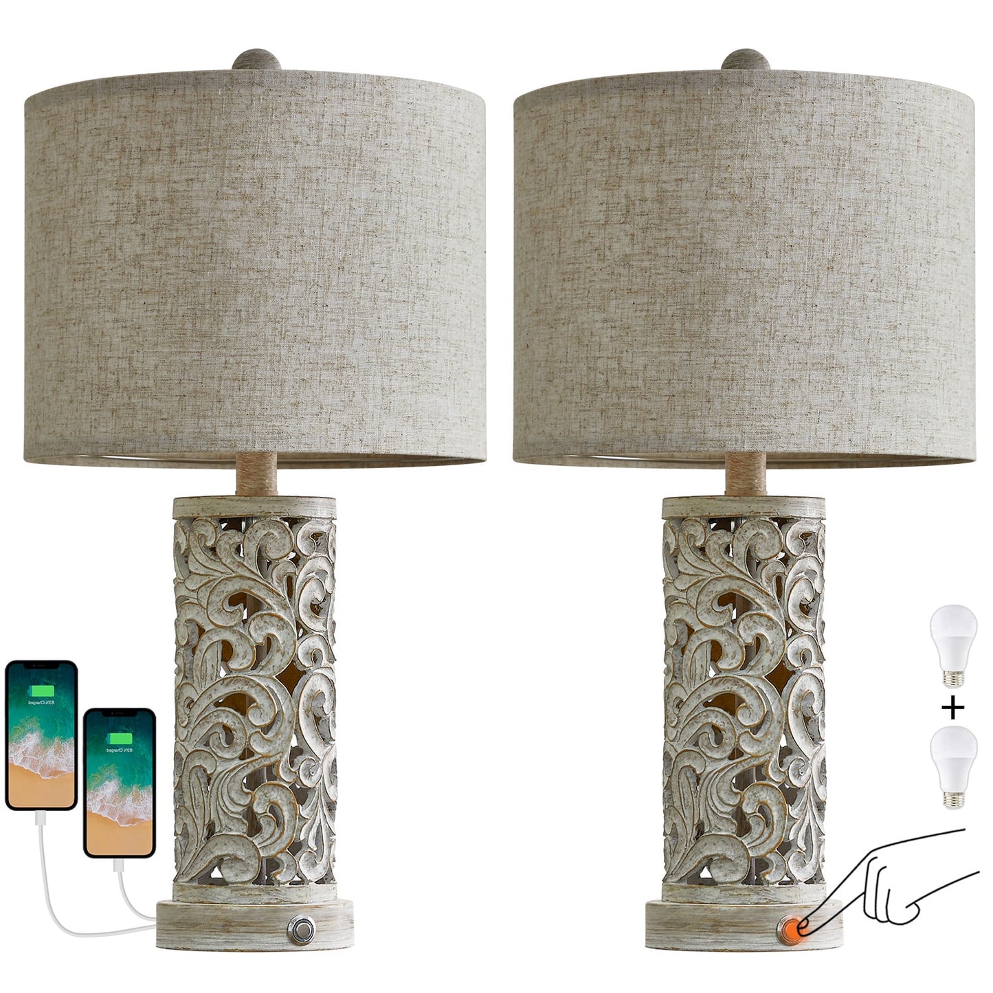 Set of 2 Dimmable 22" Farmhouse Touch Table Lamps with USB Ports for Living Room and Bedroom (Bulbs Included)
