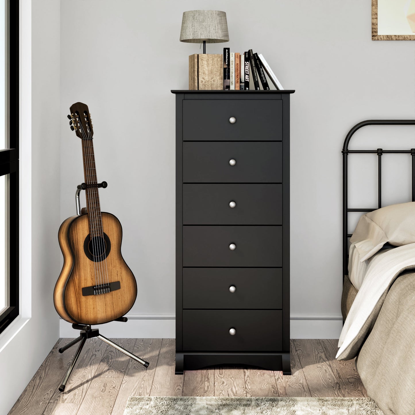 Sonoma 6-Drawer Wooden Dresser Chest, 19" x 23.25" x 52.75", Black Finish