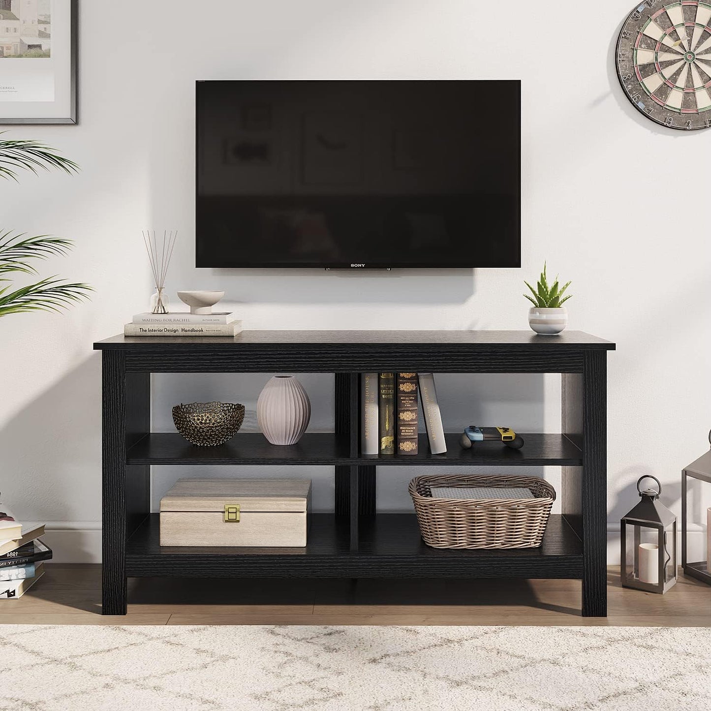 Black TV Stand for 50-Inch Television with Storage Shelves - Versatile Entertainment Center and Media Console for Living Room and Bedroom