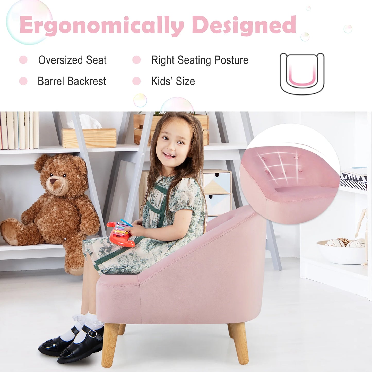 Kids Sofa Chair W/ Ottoman Velvet Upholstered Couch