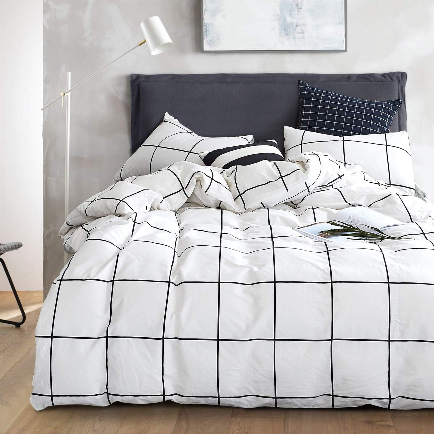 3Pcs Grid White Black Plaid Queen Duvet Cover Bedding Set