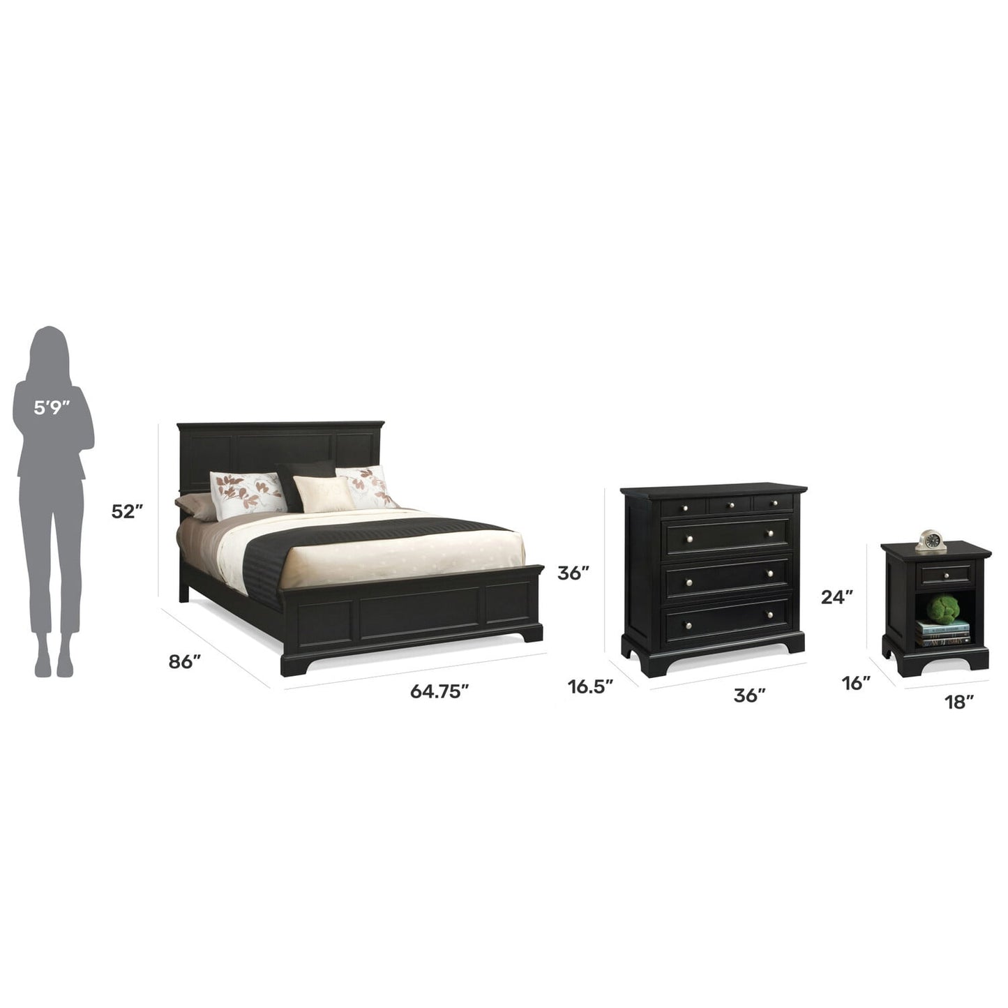 Bedford Ebony Wood Queen Bedroom Set with Nightstand and Chest