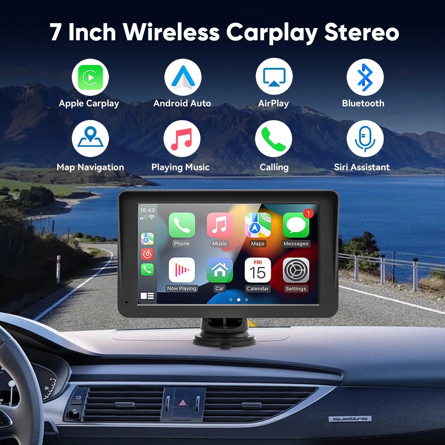 Portable 7-Inch Wireless Apple CarPlay Car Stereo with 1080P Rear Camera for Universal Vehicle GPS
