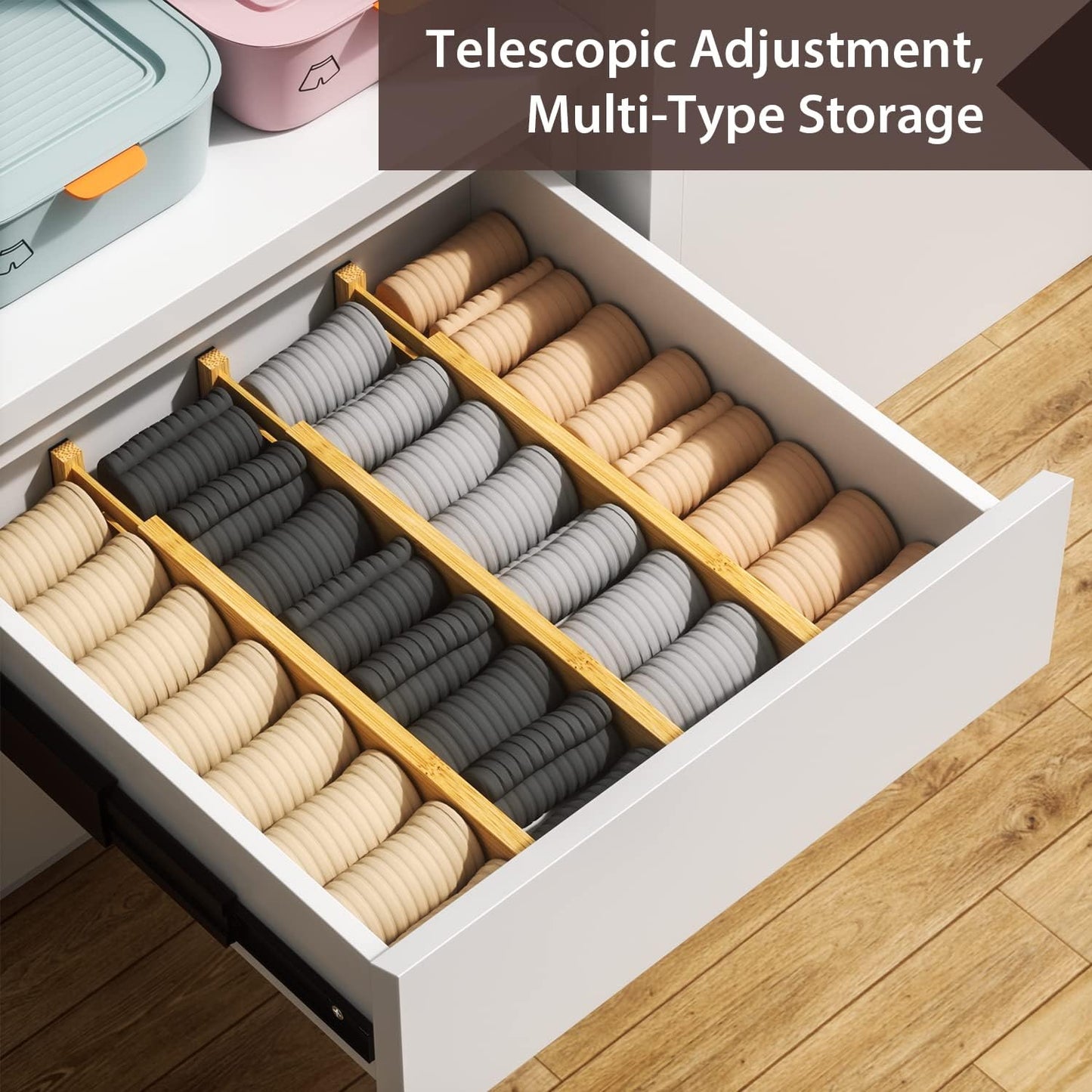 Drawer Divider, 4 PCS Bamboo Drawer Dividers Organizers, Adjustable Drawer Divid