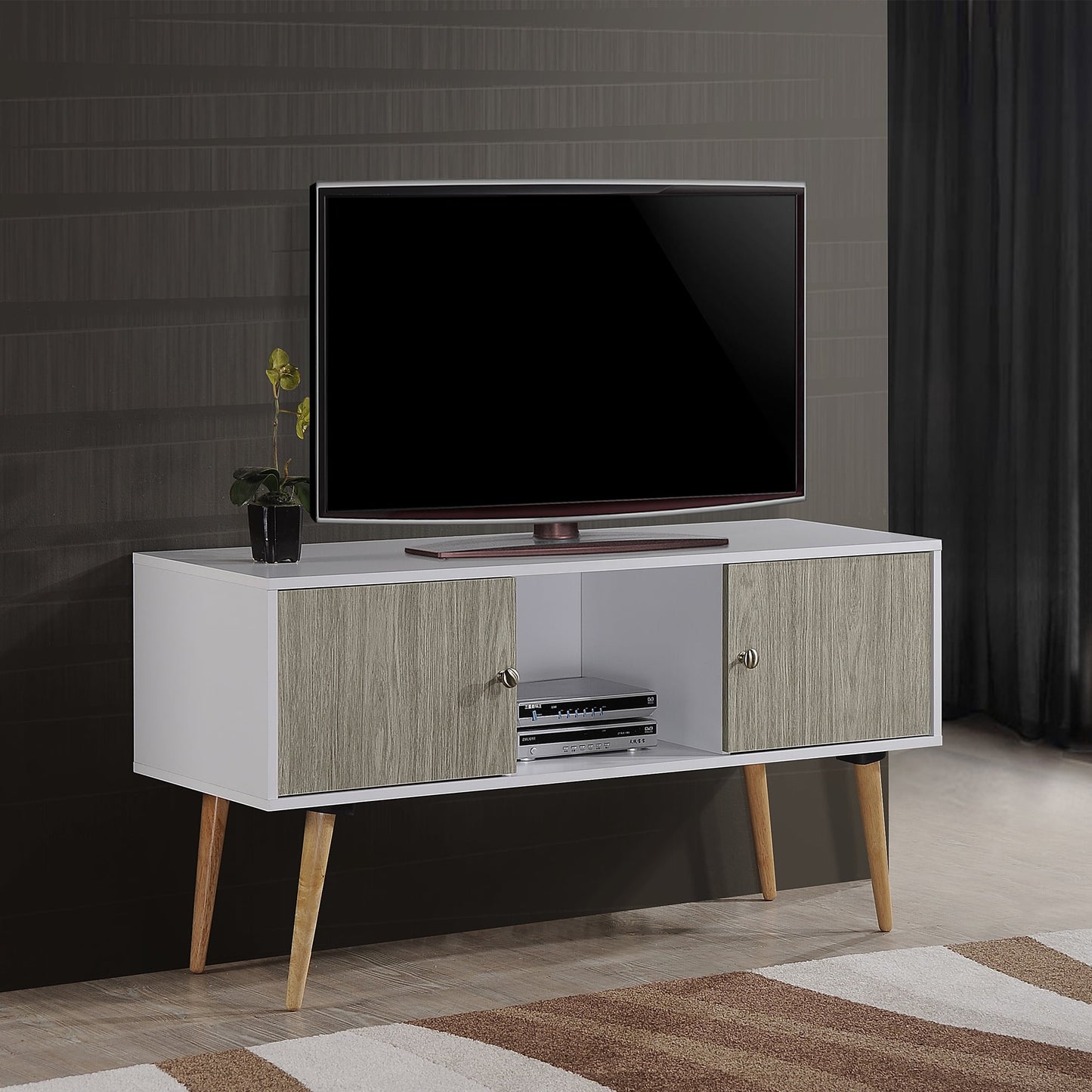Import HITV435 Retro TV Stand with Storage Cabinets in White and Gray