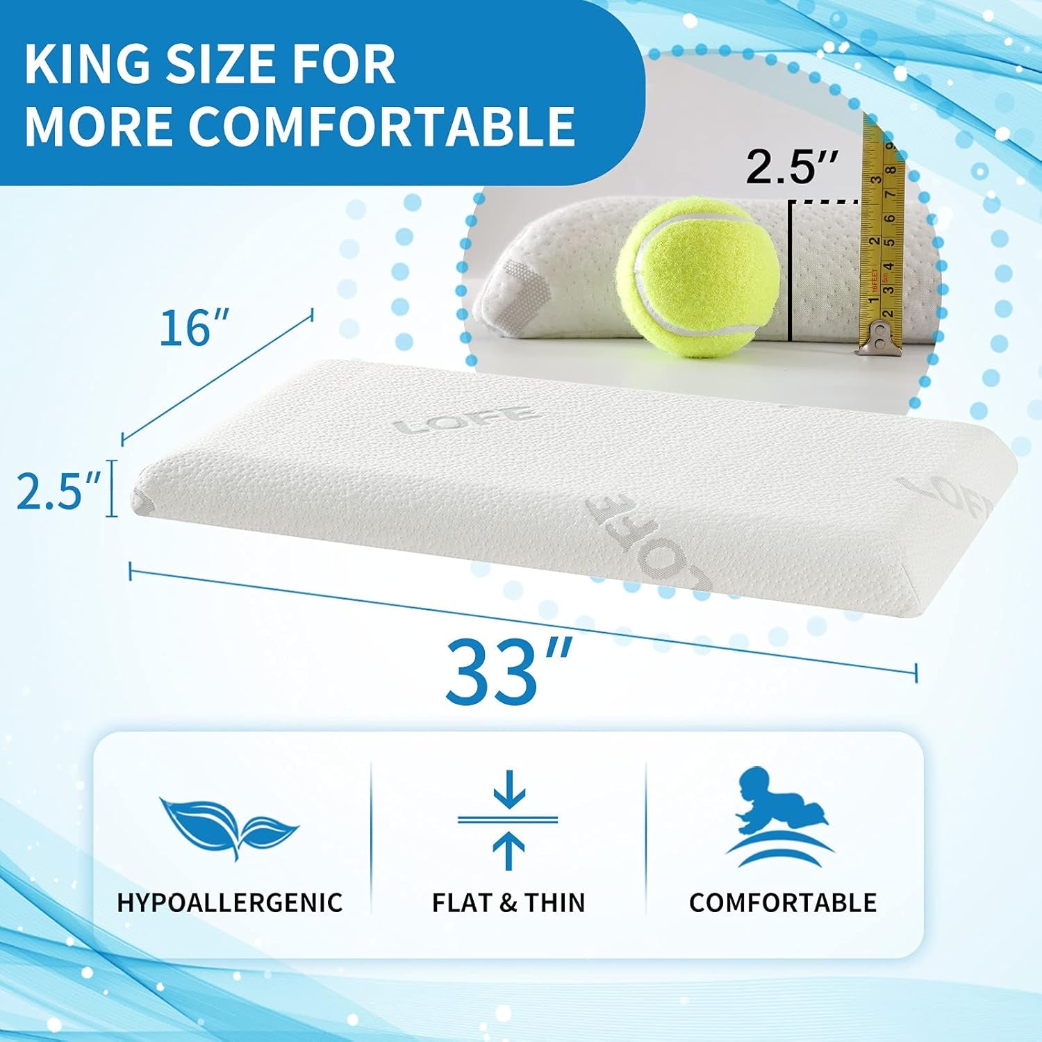 2.5-Inch Thin Memory Foam Pillow for Stomach Sleepers - King Size Hypoallergenic Flat Pillow with Dual Pillowcases for Enhanced Spinal Support and Breathing Comfort