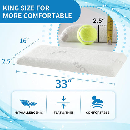 2.5-Inch Thin Memory Foam Pillow for Stomach Sleepers - King Size Hypoallergenic Flat Pillow with Dual Pillowcases for Enhanced Spinal Support and Breathing Comfort