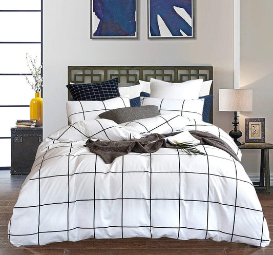 3Pcs Grid White Black Plaid Queen Duvet Cover Bedding Set