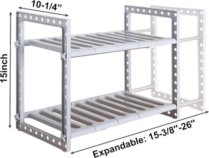 under Sink Expandable Shelf Organizer Rack, 2-Tier Adjustable Storage Shelves(Expands 15-3/8 to 26Inches, Grey)