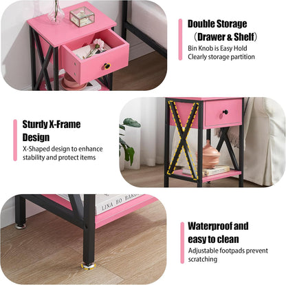 X-Design Nightstands with Drawer and Storage Shelf, Classic Pink, Set of 2 for Living Room and Bedroom