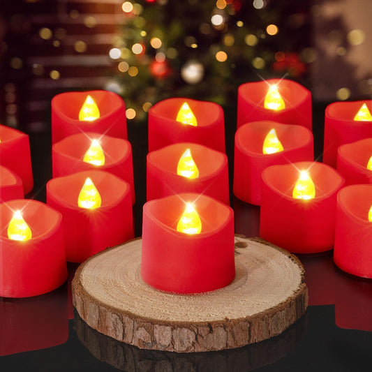 Red Battery-Operated Tea Light Candles, 200+ Hour Flameless Flickering LED Tealights for Events and Celebrations, 24-Pack