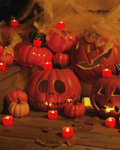 Red Battery-Operated Tea Light Candles, 200+ Hour Flameless Flickering LED Tealights for Events and Celebrations, 24-Pack
