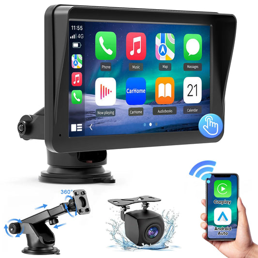 Portable 7-Inch Wireless Apple CarPlay Car Stereo with 1080P Rear Camera for Universal Vehicle GPS