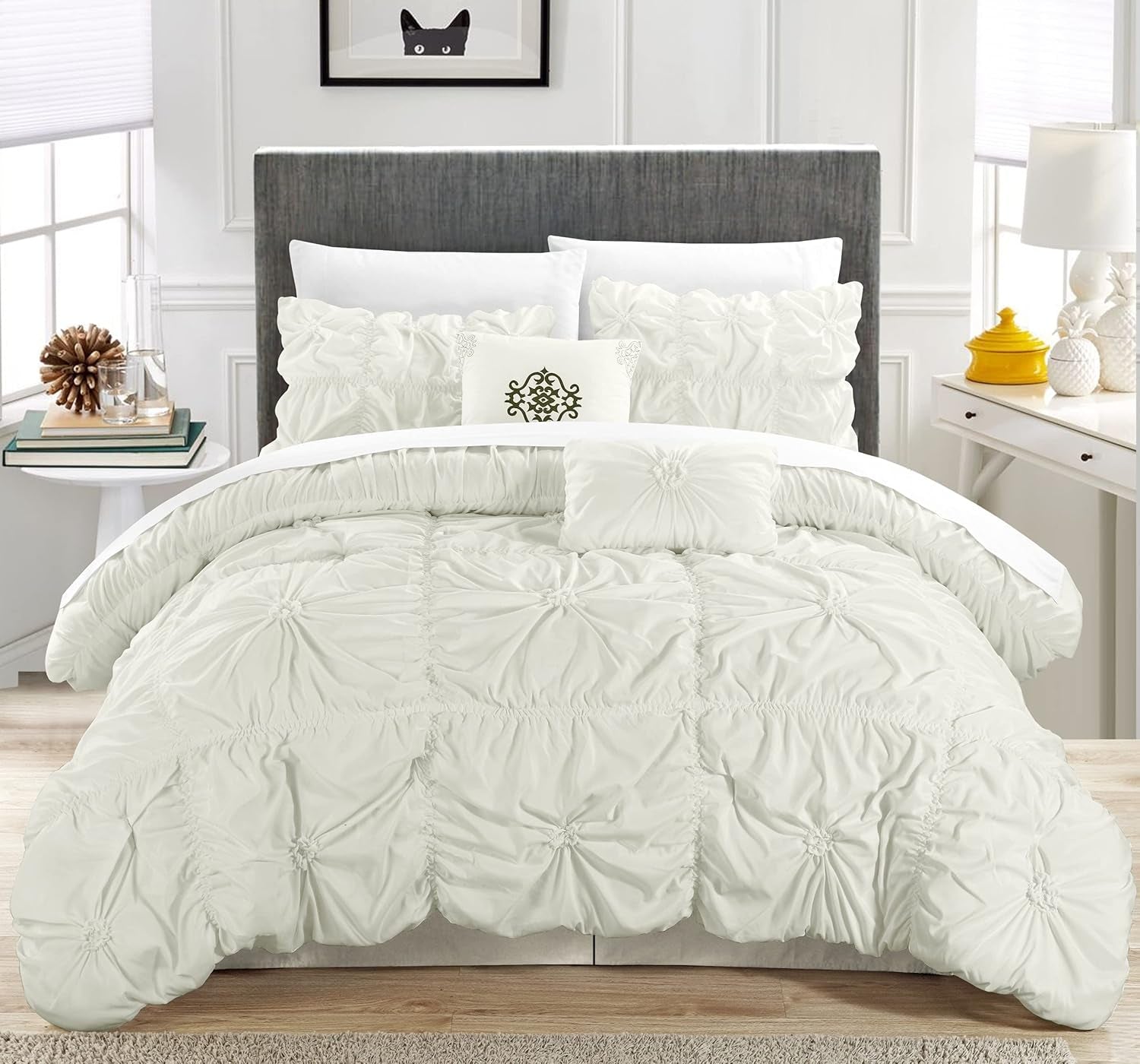 Halpert King Size 6-Piece White Bed in a Bag Comforter Set with Pintuck Pinch Pleat Microfiber Bedding, Including Shams, Bed Skirt, Flat & Fitted Sheets, Pillowcases, and Decorative Pillows