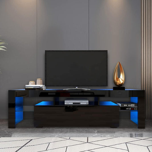 High Gloss Black TV Stand with 2 Storage Compartments and 3 Open Shelves for 50 to 70 Inch TVs - Modern Entertainment Center and Media Console