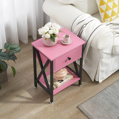 X-Design Nightstands with Drawer and Storage Shelf, Classic Pink, Set of 2 for Living Room and Bedroom