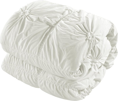 Halpert King Size 6-Piece White Bed in a Bag Comforter Set with Pintuck Pinch Pleat Microfiber Bedding, Including Shams, Bed Skirt, Flat & Fitted Sheets, Pillowcases, and Decorative Pillows