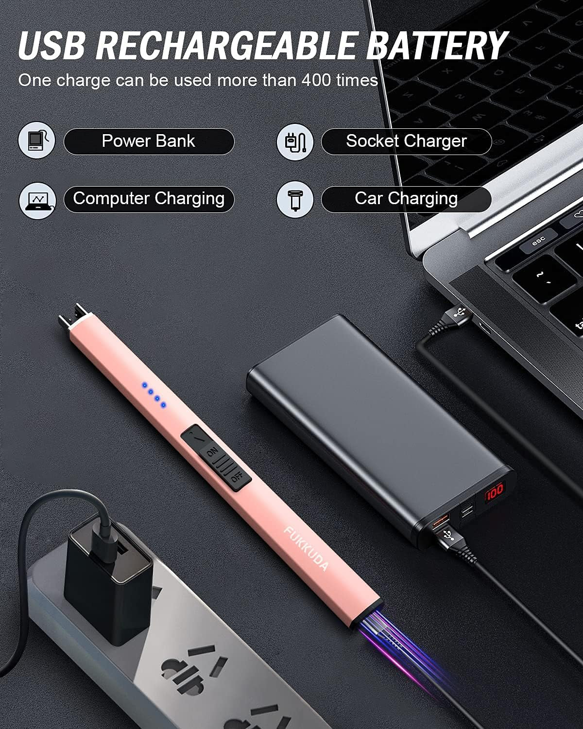 Electric Candle Lighter with Safety Switch - USB Rechargeable Windproof Flameless Plasma Arc Lighter in Rose Gold for Easter Gifts
