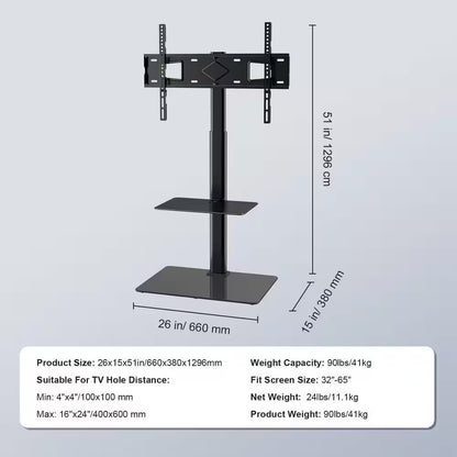 TV Stand Mount, Swivel Tall TV Stand for 32 In. to 65 In. Tvs, Height Adjustable Portable Floor TV Stand