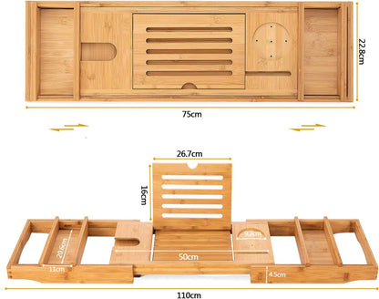 Bamboo Bathtub Caddy Tray Durable, Non-Slip, One or Two Person Bath and Bed Tray, Extending Sides Fits Any Tub, Cellphone and Wineglass Holder, Free Soap Holder -Yellow