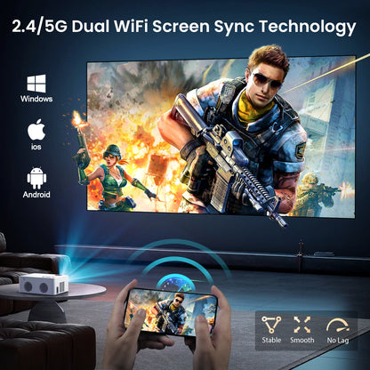 5G WiFi Projector with Bluetooth 5.2, HD 1080P Resolution, Supports Up to 250'' Display with HDMI Connectivity