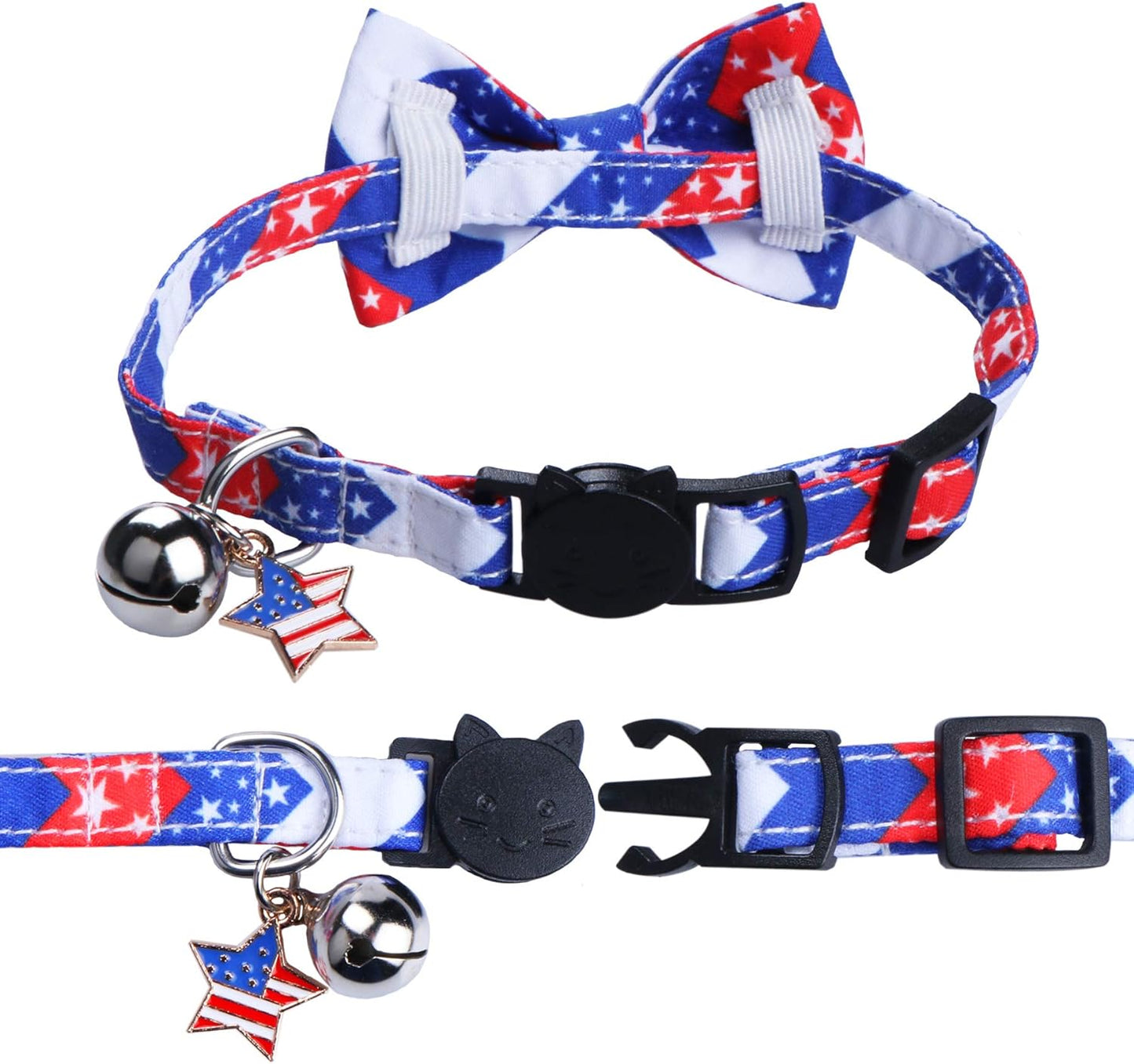 2 Pack 4Th of July Cat Collars with Bow Tie Bell, Breakaway Adjustable Red White and Blue USA Flag Star Cat Kitten Collars with Bowtie Bell for Cats Kittens (USA Flag & Star)