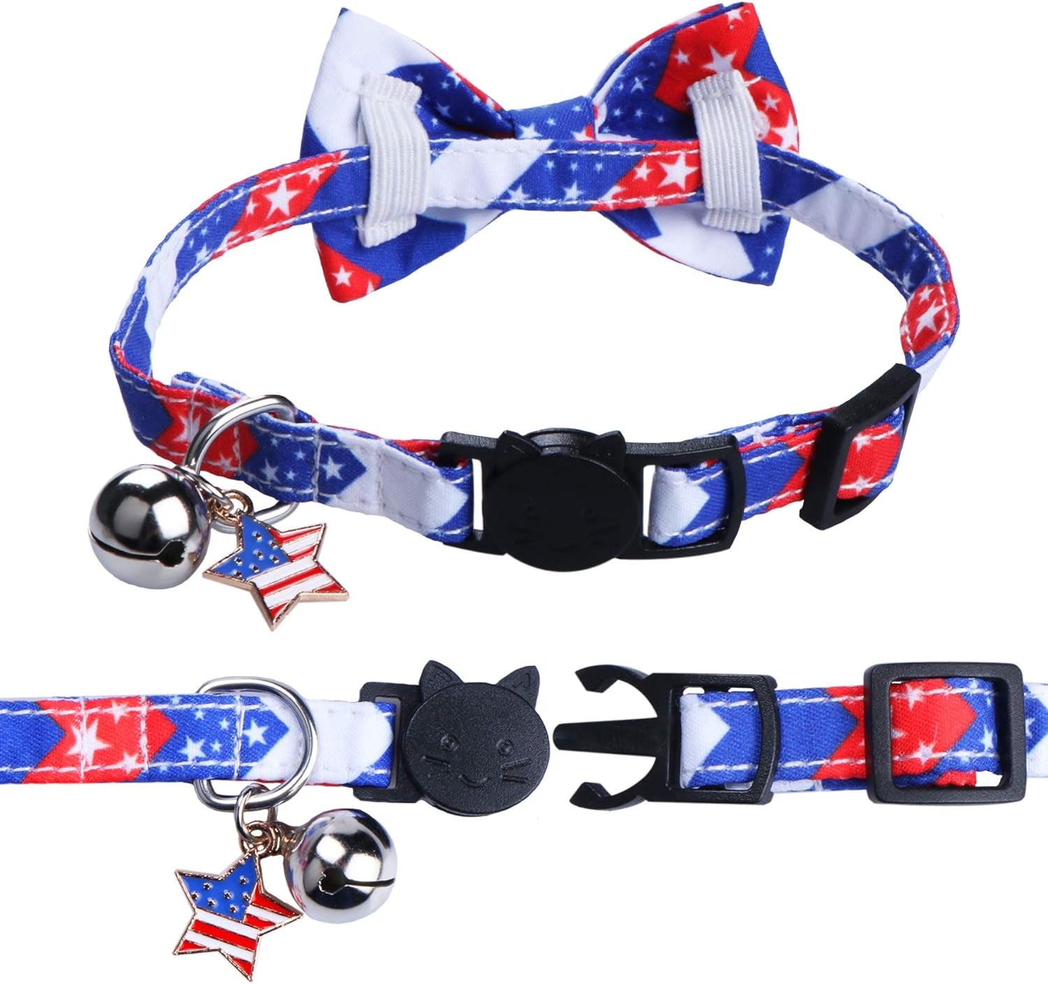 2 Pack 4Th of July Cat Collars with Bow Tie Bell, Breakaway Adjustable Red White and Blue USA Flag Star Cat Kitten Collars with Bowtie Bell for Cats Kittens (USA Flag & Star)