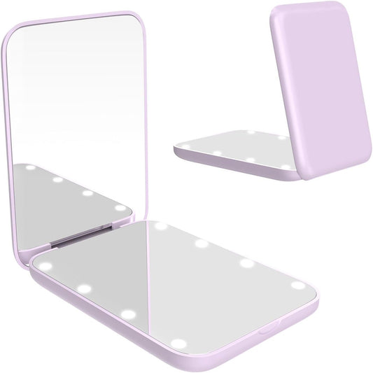 Compact LED Makeup Mirror with 1X/3X Magnification - Portable Mini Travel Mirror in Purple, Ideal for Purse and Pocket, Perfect Gift for Girls