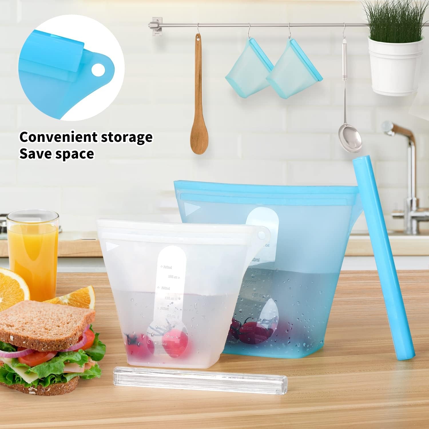 Reusable Silicone Food Storage Bags,Stand up Leakproof Zip Containers,Reusable Sandwich Bags,Non-Toxic,Bpa Free, Dishwasher Safe,Freezer-Safe,Easy to Clean（Set of 5）