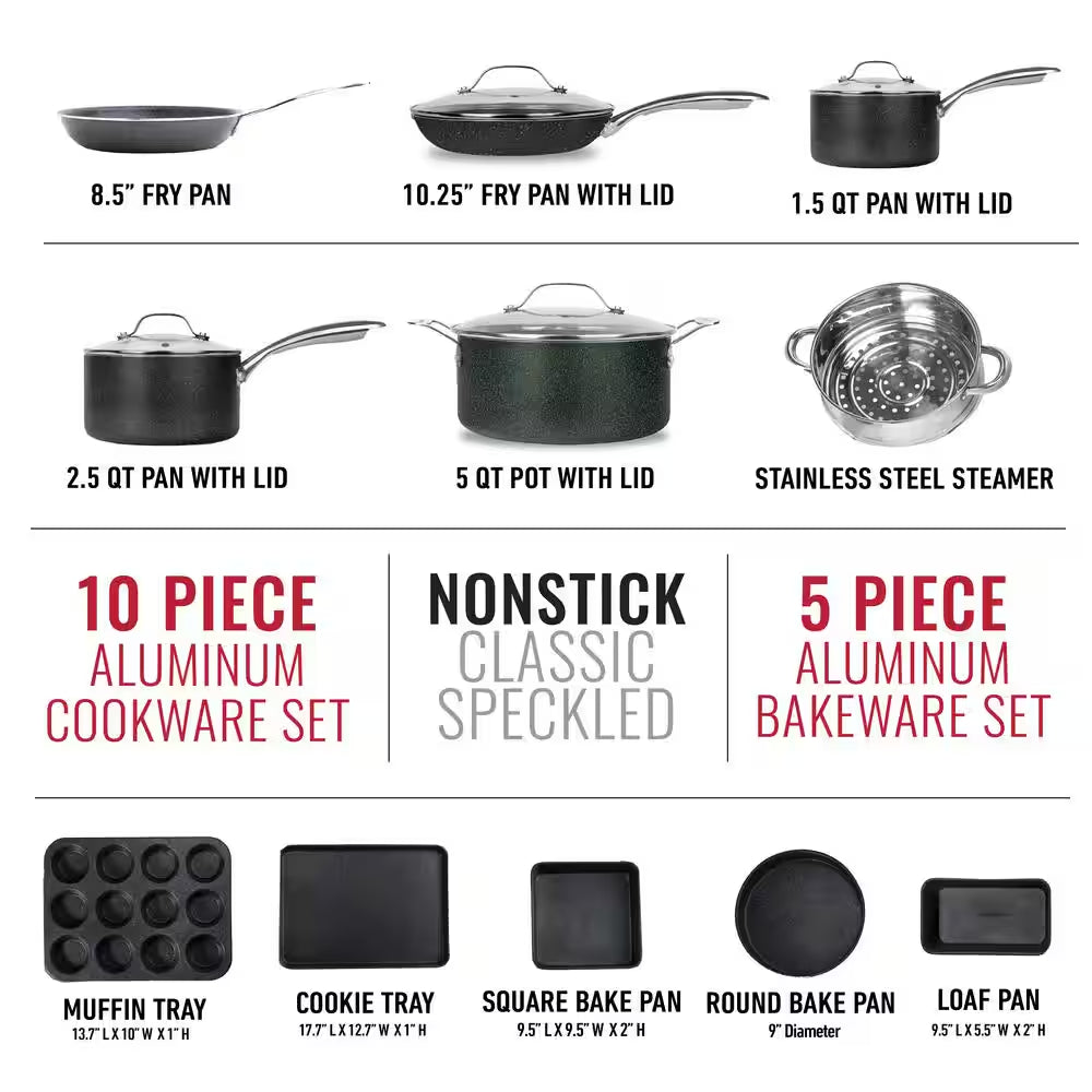 15-Piece Aluminum Ultra-Durable Non-Stick Diamond Infused Cookware and Bakeware Set in Black
