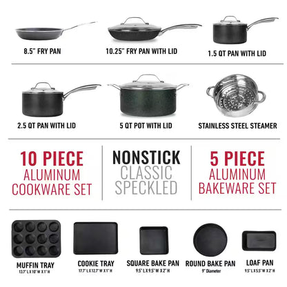 15-Piece Aluminum Ultra-Durable Non-Stick Diamond Infused Cookware and Bakeware Set in Black
