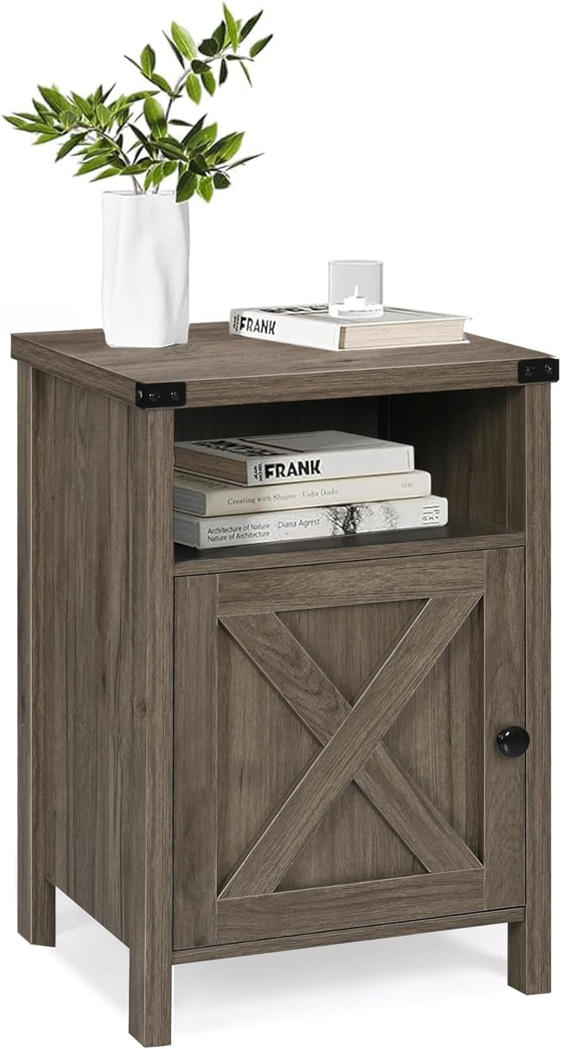 Rustic Nightstand Set of Two, Farmhouse End Tables with Barn Door and Shelf, Gray Wash Finish for Bedroom and Living Room