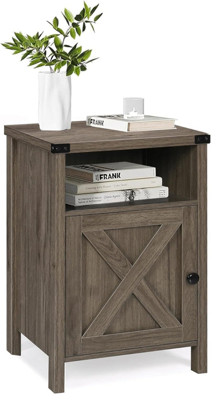 Rustic Nightstand Set of Two, Farmhouse End Tables with Barn Door and Shelf, Gray Wash Finish for Bedroom and Living Room