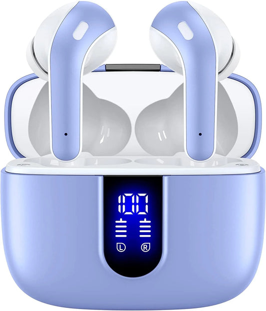 True Wireless Bluetooth Earbuds with 60 Hours Playback, LED Power Display, IPX5 Waterproof, Wireless Charging Case, and Built-in Microphone for TV, Smartphone, Laptop, and Sports
