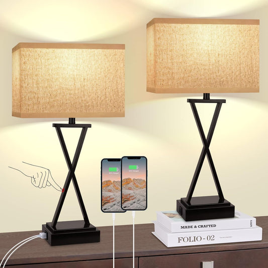 Touch Control Table Lamps Set of 2 - 3-Way Dimmable Bedside Lamps with USB Ports and AC Outlet for Bedroom and Living Room, Deep Brown Farmhouse Style Desk Lamps for Reading and Study