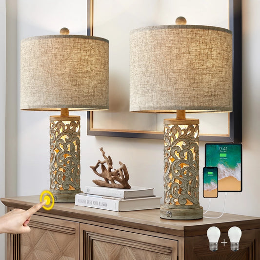 Set of 2 Dimmable 22" Farmhouse Touch Table Lamps with USB Ports for Living Room and Bedroom (Bulbs Included)