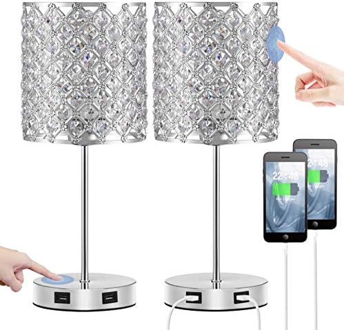 Set of 2 Silver Crystal Touch Table Lamps, 3-Way Dimmable Bedside Lighting with Dual USB Ports, Ideal for Bedrooms and Living Rooms (Includes 2 Bulbs)