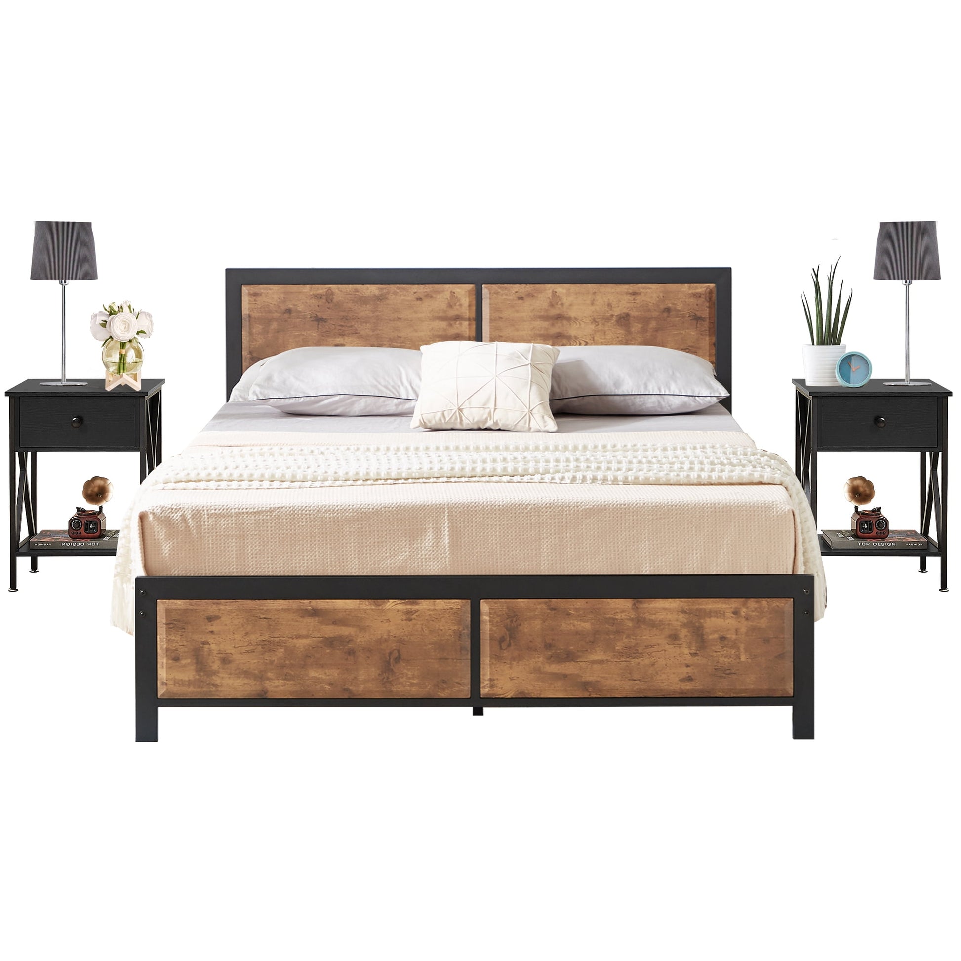 Transitional 3-Piece Queen Bedroom Set in Black and Rustic Brown Wood
