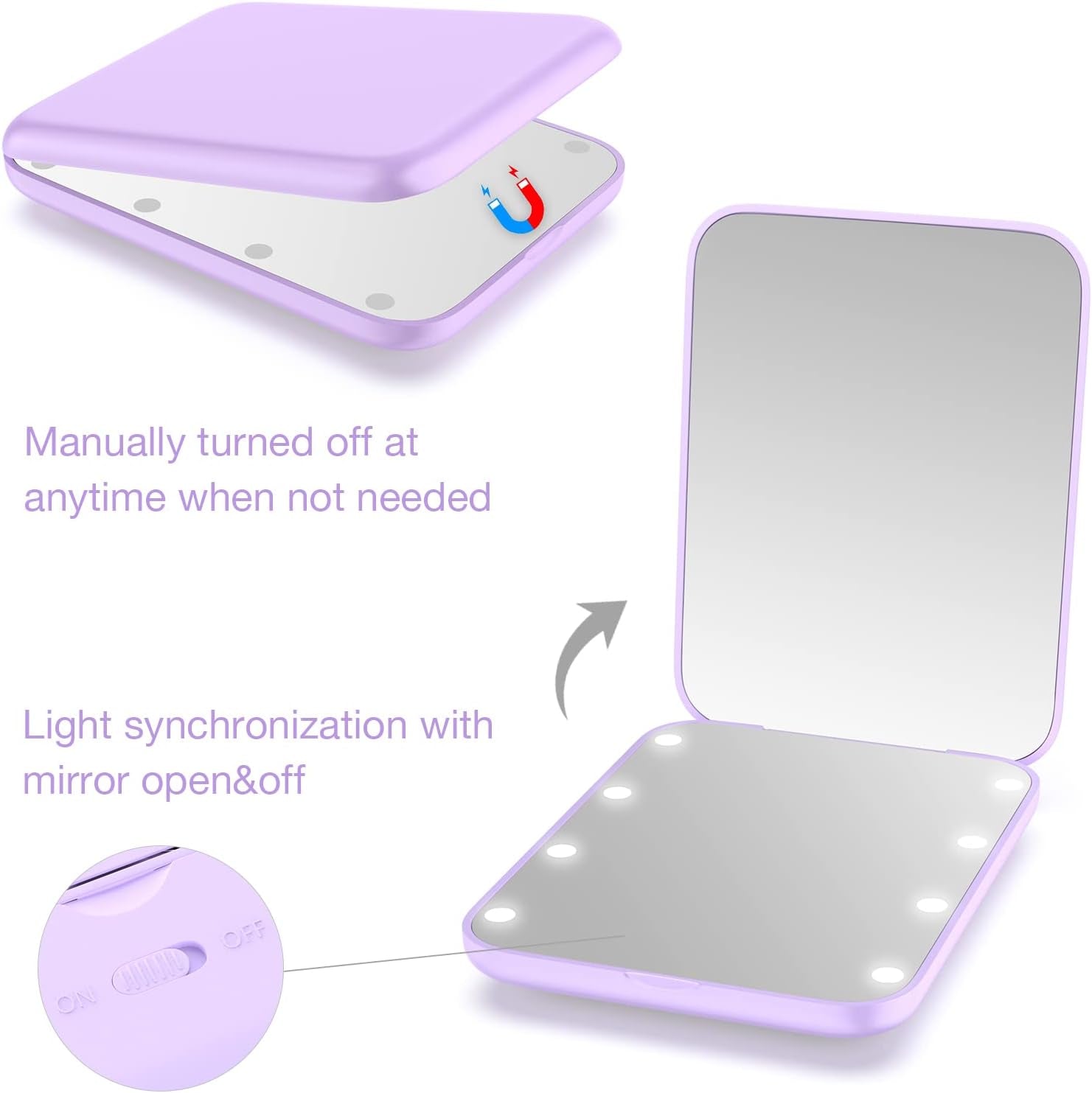 Compact LED Makeup Mirror with 1X/3X Magnification - Portable Mini Travel Mirror in Purple, Ideal for Purse and Pocket, Perfect Gift for Girls