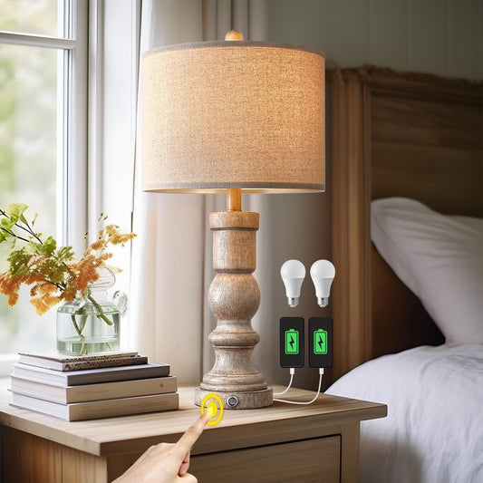 Set of 2 Vintage Farmhouse Boho Touch Table Lamps with 3-Way Dimmable Control and Dual USB Charging for Living Room and Bedroom, 24.75" Resin Design with Linen Shades in Wash White