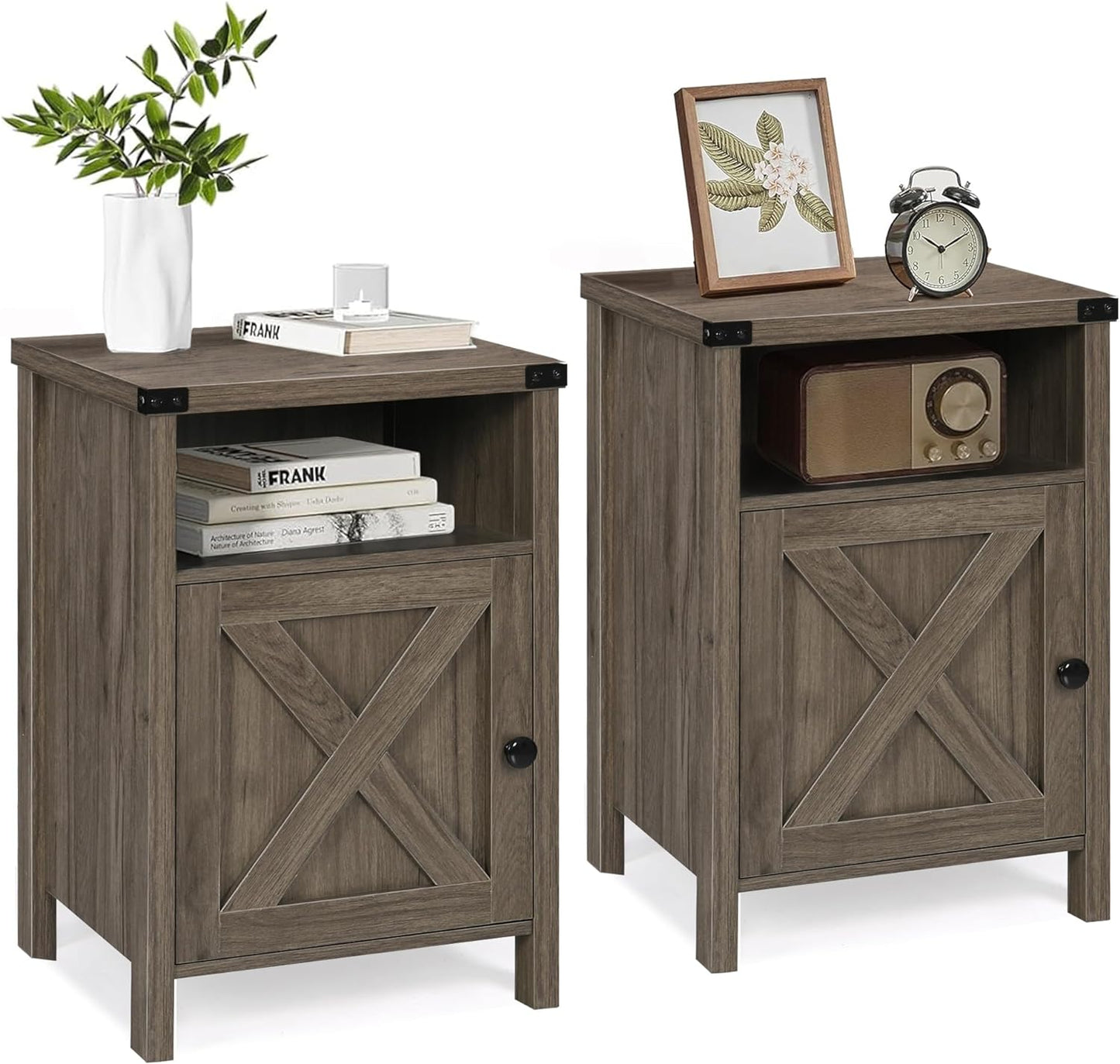 Rustic Nightstand Set of Two, Farmhouse End Tables with Barn Door and Shelf, Gray Wash Finish for Bedroom and Living Room