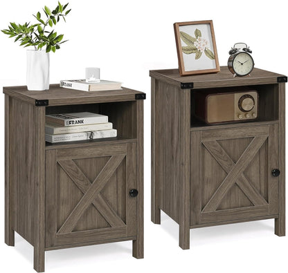Rustic Nightstand Set of Two, Farmhouse End Tables with Barn Door and Shelf, Gray Wash Finish for Bedroom and Living Room