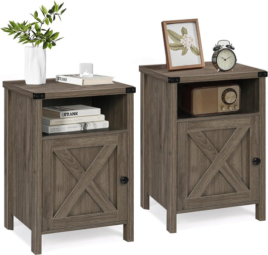 Rustic Nightstand Set of Two, Farmhouse End Tables with Barn Door and Shelf, Gray Wash Finish for Bedroom and Living Room