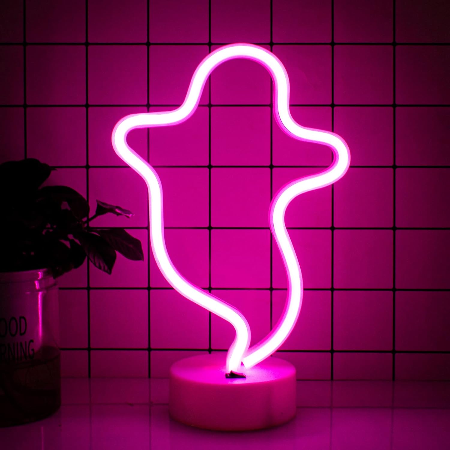 Ghost LED Neon Wall Sign - Halloween Decor, Battery-Operated Pink Neon Light for Bedroom, Christmas Parties, Weddings, and Kids' Rooms