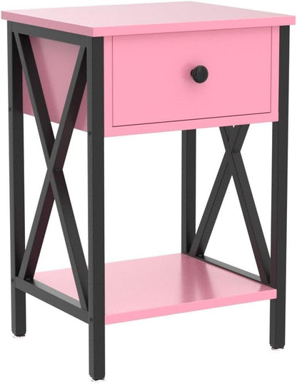 X-Design Nightstands with Drawer and Storage Shelf, Classic Pink, Set of 2 for Living Room and Bedroom