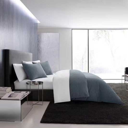 Waffle Pique 3-Piece Blue Solid Cotton Queen Duvet Cover Set