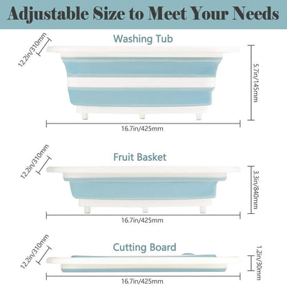 Collapsible Cutting Board and Colander Set - Multifunctional Silicone Kitchen Vegetable Washing Basket for BBQ, Picnic, and Camping (Light Blue)