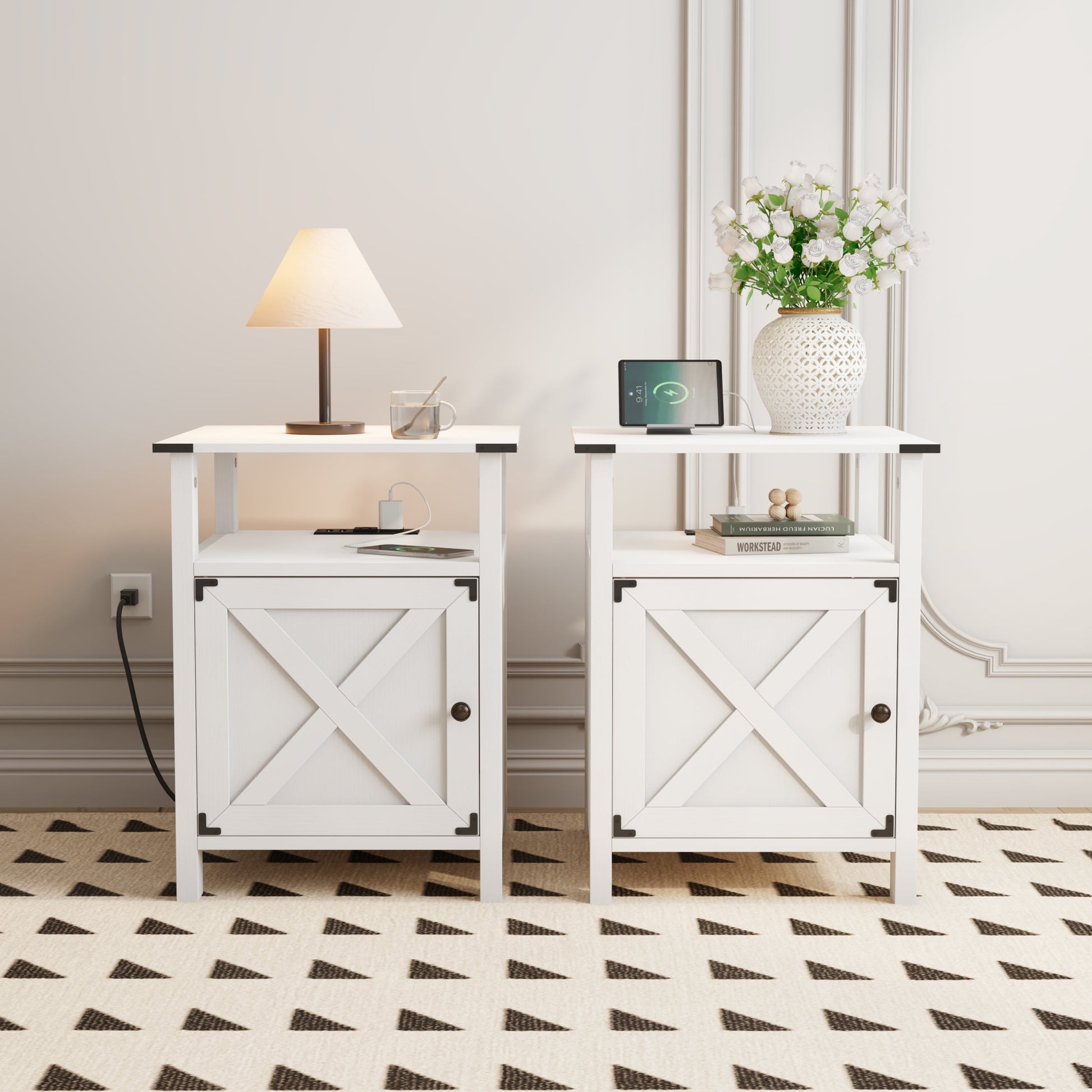 Set of 2 White Farmhouse Nightstands for Bedroom Furniture