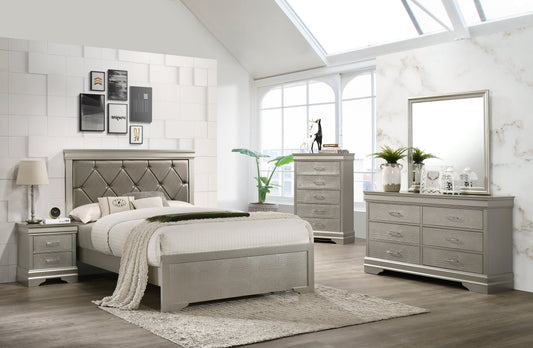 6-Piece Silver Finish King Size Upholstered Bed Set with Dresser, Mirror, Nightstand, and Chest - Wooden Bedroom Furniture