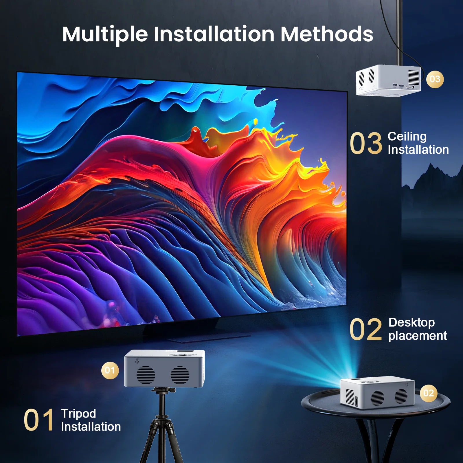 5G WiFi Projector with Bluetooth 5.2, HD 1080P Resolution, Supports Up to 250'' Display with HDMI Connectivity